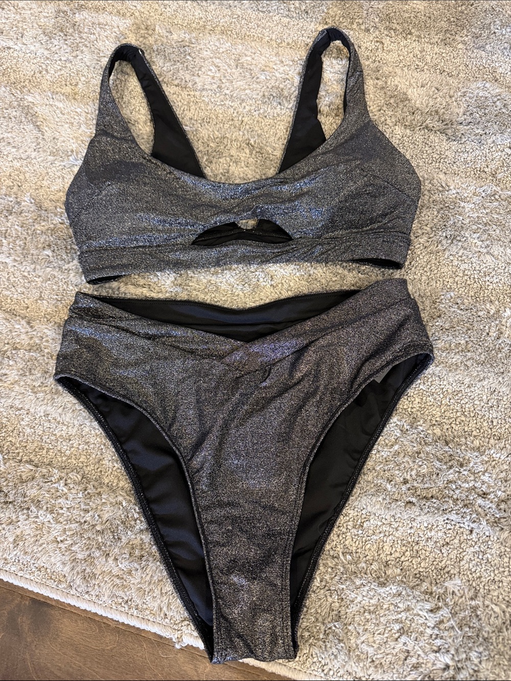 Shimmer High-Waist Bikini Set in Metallic Black
